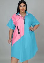 This Women Blue Casual Turn-down Collar Half Sleeves Color Blocking Zippers Midi Loose Plus Size Dresses made of soft and elastic fabric. Global Lover wholesale plus size dresses and hope curvy ladies find here a warm and exciting place to shop affordable curvy dresses online - plus size casual