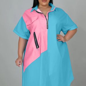 This Women Blue Casual Turn-down Collar Half Sleeves Color Blocking Zippers Midi Loose Plus Size Dresses made of soft and elastic fabric. Global Lover wholesale plus size dresses and hope curvy ladies find here a warm and exciting place to shop affordable curvy dresses online - plus size casual