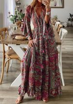 This Women Boho Bell Bottom Sleeve Printed v Neck Holidays Maxi Dress Design Made Of High Quality Polyster And Spandex Material