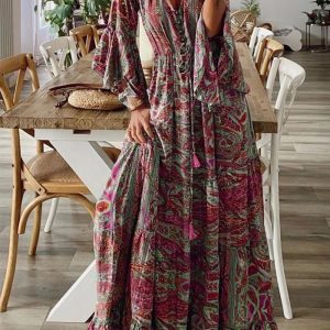 This Women Boho Bell Bottom Sleeve Printed v Neck Holidays Maxi Dress Design Made Of High Quality Polyster And Spandex Material