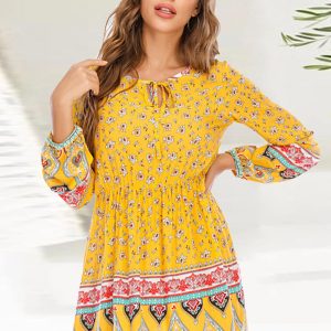 This Women Boho Print Long Sleeve Dress Design Made Of High Quality Polyster And Spandex Material. It Is Stretchy