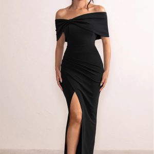 This Women Bow Off Shoulder Off Shoulder Slit Dress Design Made Of Good Quality Polyster And Spandex Material