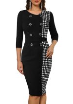 This Women Button Houndstooth Patchwork Bodycon Dress Design Made Of High Quality Polyster And Spandex Material. It Come With Good Stretch And Wearing Comfortable. Women¡¯s Midi Dresses Is Omnipotent And Suit For All Kinds Of Occasions - Daily Wear