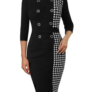 This Women Button Houndstooth Patchwork Bodycon Dress Design Made Of High Quality Polyster And Spandex Material. It Come With Good Stretch And Wearing Comfortable. Women¡¯s Midi Dresses Is Omnipotent And Suit For All Kinds Of Occasions - Daily Wear