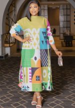 This Women Casual 3/4 Sleeve Printed Color Block Maxi Dress Design Made Of High Quality Polyster And Spandex Material. It Is Stretchy