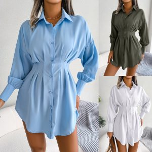 This Women Casual Balloon Sleeve Asymmetric Shirt Dress Design Made Of High Quality Polyster And Spandex Material. It Is Stretchy