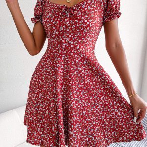 This Women Casual Bell Bottom Sleeve Drawstring Floral Dress Design Made Of High Quality Polyster And Spandex Material. It Is Stretchy