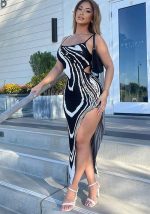 This Women Casual Printed Sexy Backless Hollow Slit Strap Dress Design Made Of High Quality Polyster And Spandex Material. It Is Stretchy