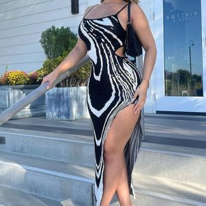 This Women Casual Printed Sexy Backless Hollow Slit Strap Dress Design Made Of High Quality Polyster And Spandex Material. It Is Stretchy