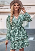 This Women Casual Printed v-Neck Lace-Up Long Sleeve Dress Design Made Of High Quality Polyster And Spandex Material. It Is Stretchy