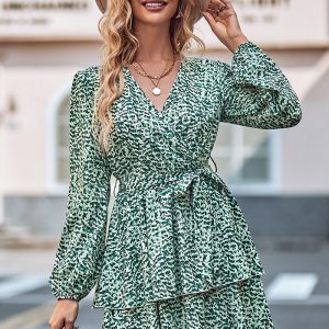 This Women Casual Printed v-Neck Lace-Up Long Sleeve Dress Design Made Of High Quality Polyster And Spandex Material. It Is Stretchy