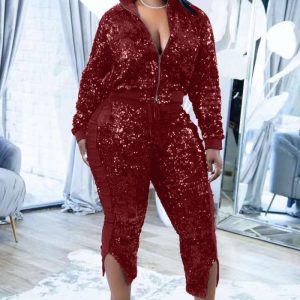 This Women Casual Sequins Long Sleeve Zip Top+ Pants Two Piece Design Made Of High Quality Polyster And Spandex Material. It Is Stretchy