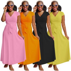 This Women Casual Short Sleeve Solid Long Dress Design Made Of High Quality Polyster And Spandex Material. It Is Stretchy