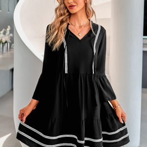 This Women Casual Solid v-Neck Webbing Long Sleeve Dress Design Made Of High Quality Polyster And Spandex Material. It Is Stretchy