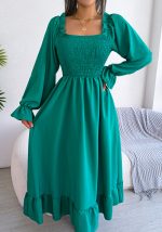 This Women Casual Square Neck Bell Bottom Ruffle Maxi Dress Design Made Of High Quality Polyster And Spandex Material