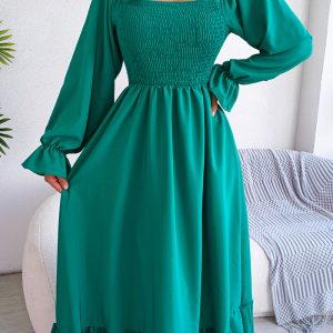 This Women Casual Square Neck Bell Bottom Ruffle Maxi Dress Design Made Of High Quality Polyster And Spandex Material