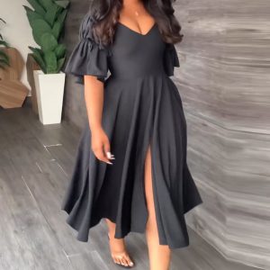 This Women Casual v-Neck Ruffle Sleeve Backless Slit Dress Design Made Of High Quality Polyster And Spandex Material. It Is Stretchy