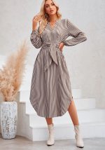 This Women Casual v-Neck Stripe Lace-Up Shirt Dress Design Made Of High Quality Polyster And Spandex Material. It Is Stretchy