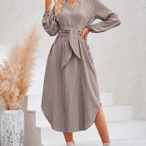 This Women Casual v-Neck Stripe Lace-Up Shirt Dress Design Made Of High Quality Polyster And Spandex Material. It Is Stretchy