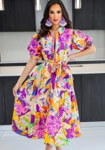 This Women Chic Printed Turndown Collar Lantern Sleeve a-Line Dress Design Made Of High Quality Polyster And Spandex Material