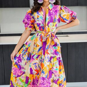 This Women Chic Printed Turndown Collar Lantern Sleeve a-Line Dress Design Made Of High Quality Polyster And Spandex Material