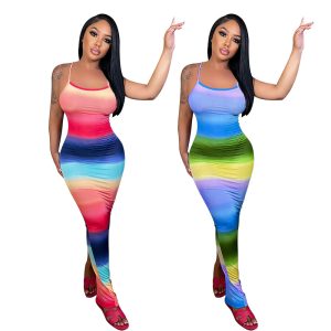 This Women Clothes Rainbow Stripe Print Slit Slim Waist Strap Long Dress Design Made Of High Quality Polyster And Spandex Material