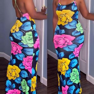 This Women Clothes Summer Floral Print Strap Backless Slim Long Maxi Dress Design Made Of High Quality Polyster And Spandex Material