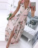 This Women Clothes Summer Sleeveless v-Neck Floral Chiffon Print Boho Long Dress Design Made Of High Quality Polyster And Spandex Material