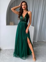 This Women Clothes Summer Solid Sexy Strap Sequins Backless Slit Evening Dress Design Made Of Good Quality Polyster And Spandex Material