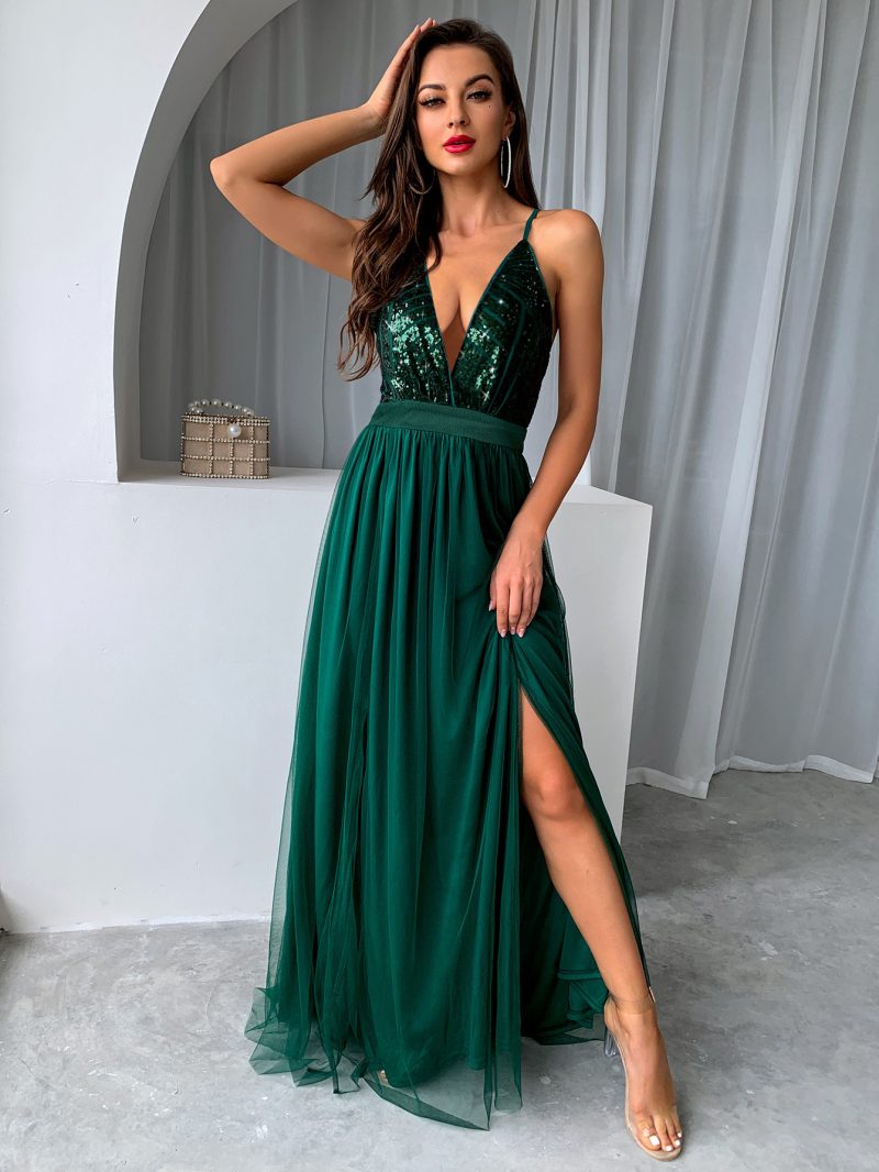 This Women Clothes Summer Solid Sexy Strap Sequins Backless Slit Evening Dress Design Made Of Good Quality Polyster And Spandex Material