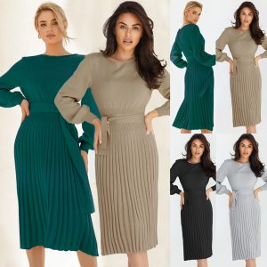 This Women Clothing Fall Winter Knitting Dress Solid Long Sleeve Slim Pleated Maxi Basic Sweater Dress Combine The Warm And Fashion. It Is a Must-Have Item For This Winter. Sweater Dresses For Women At Global Lover Comes For Different Occasions - Daily Life