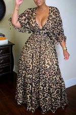 This Women Clothing Summer Casual Deep v Neck Half Sleeve Leopard Printed Maxi Dress Design Made Of High Quality Polyster And Spandex Material