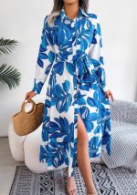 This Women Color Block Floral Turndown Collar Tie Shirt Maxi Dress Design Made Of High Quality Polyster And Spandex Material