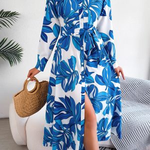 This Women Color Block Floral Turndown Collar Tie Shirt Maxi Dress Design Made Of High Quality Polyster And Spandex Material