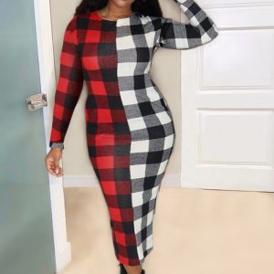 This Women Colorblock Plaid Print Maxi Dress Design Made Of High Quality Polyster And Spandex Material