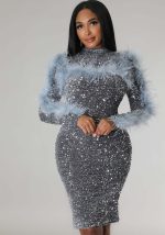 This Women Cutout Long Sleeve Feather Sequin Bodycon Dress Design Made Of High Quality Polyster And Spandex Material