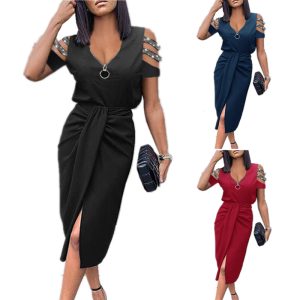 This Women Cutout Pleated Short Sleeve Solid Zip v-Neck Dress Design Made Of High Quality Polyster And Spandex Material