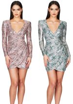 This Women Deep v Pleated Print Long Sleeve Sequin Dress Design Made Of High Quality Polyster And Spandex Material. It Come With Good Stretch And Wearing Comfortable And Feeling Freedom. The Tight And Fitted Dress Is The Most Popular Options From Party Girls. Shop Bodycon Dresses At Global Lover And Find Amazing Designs Sequins