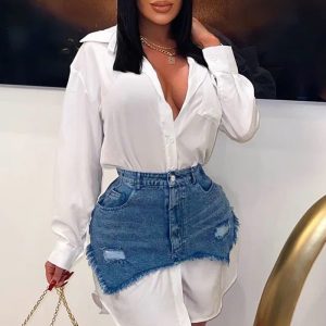 This Women Denim Long Sleeve Shirt Dress Two-Piece Set Design Made Of High Quality Polyster And Spandex Material. It Is Stretchy