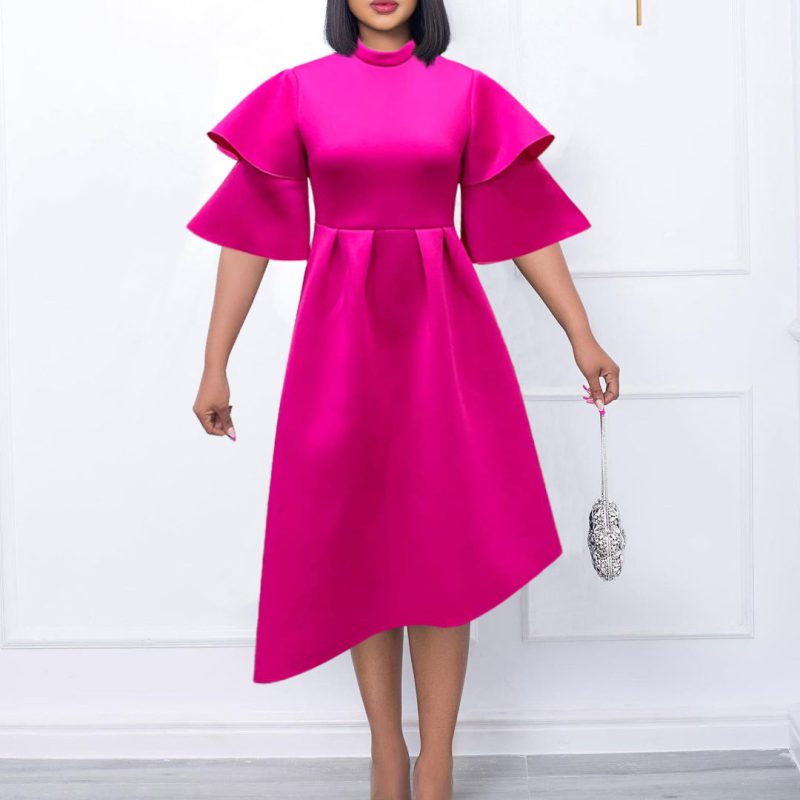 This Women Double Layer Ruffle Sleeve Solid Swing Dress Dress Design Made Of Good Quality Polyster And Spandex Material