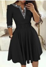 This Women Elegant Beaded Long Sleeve Solid v-Neck Dress With Belt Design Made Of High Quality Polyster And Spandex Material. It Is Stretchy