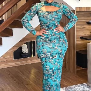 This Women Elegant High Neck Long Sleeve Slit Printed Long Dress Design Made Of High Quality Polyster And Spandex Material