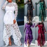 This Women Elegant Lace Long Sleeve Stand Collar Irregular Long Dress Design Made Of High Quality Polyster And Spandex Material. It Come With Good Stretch And Wearing Comfortable. Women¡¯s Midi Dresses Is Omnipotent And Suit For All Kinds Of Occasions - Daily Wear