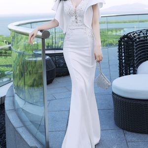 This Women Elegant Lace Ruffles Short Sleeve Slim Fit Mermaid Evening Dress Design Made Of Good Quality Polyster And Spandex Material