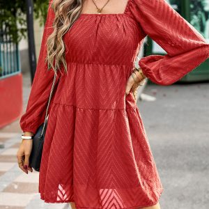 This Women Elegant Long Sleeve Square Neck Dress Design Made Of High Quality Polyster And Spandex Material. It Is Stretchy