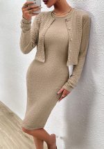 This Women Elegant Long Sleeve Top And Round Neck Bodycon Dress Two-Piece Set Design Made Of High Quality Polyster And Spandex Material. It Is Stretchy