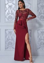 This Women Elegant Long Sleeves Sequins Slit Evening Dress Design Made Of Good Quality Polyster And Spandex Material