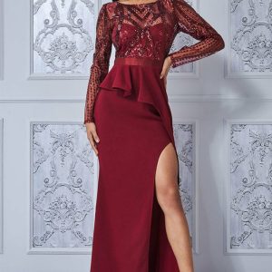 This Women Elegant Long Sleeves Sequins Slit Evening Dress Design Made Of Good Quality Polyster And Spandex Material