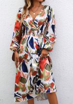 This Women Elegant Multi-Color v Neck Long Sleeve Maxi Dress Design Made Of High Quality Polyster And Spandex Material. It Come With Good Stretch And Wearing Comfortable. Women¡¯s Midi Dresses Is Omnipotent And Suit For All Kinds Of Occasions - Daily Wear