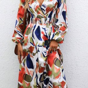 This Women Elegant Multi-Color v Neck Long Sleeve Maxi Dress Design Made Of High Quality Polyster And Spandex Material. It Come With Good Stretch And Wearing Comfortable. Women¡¯s Midi Dresses Is Omnipotent And Suit For All Kinds Of Occasions - Daily Wear